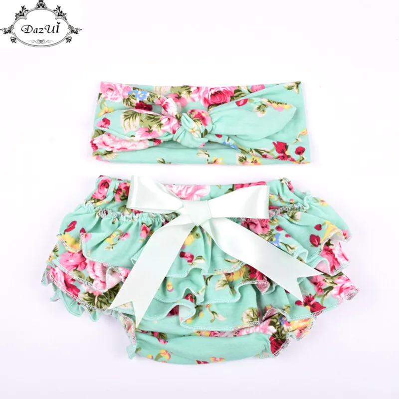 DazUI Knit Cotton Floral Baby Girls Bloomer Set Green Ruffle Newborn Diaper Cover matching