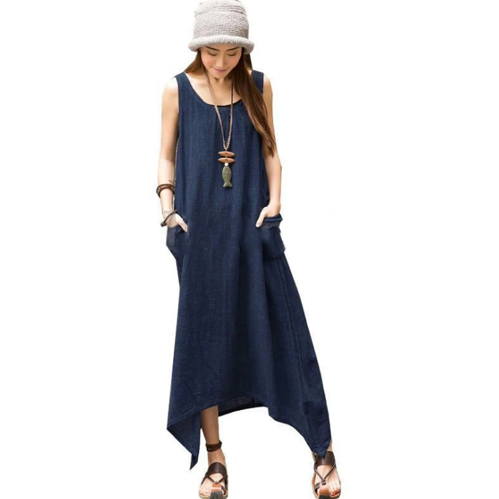 Hirigin женское платье без рукавов с карманами, бохо, длинное платье макси свободного размера плюс, Пляжное праздничное повседневное летнее Открытое платье