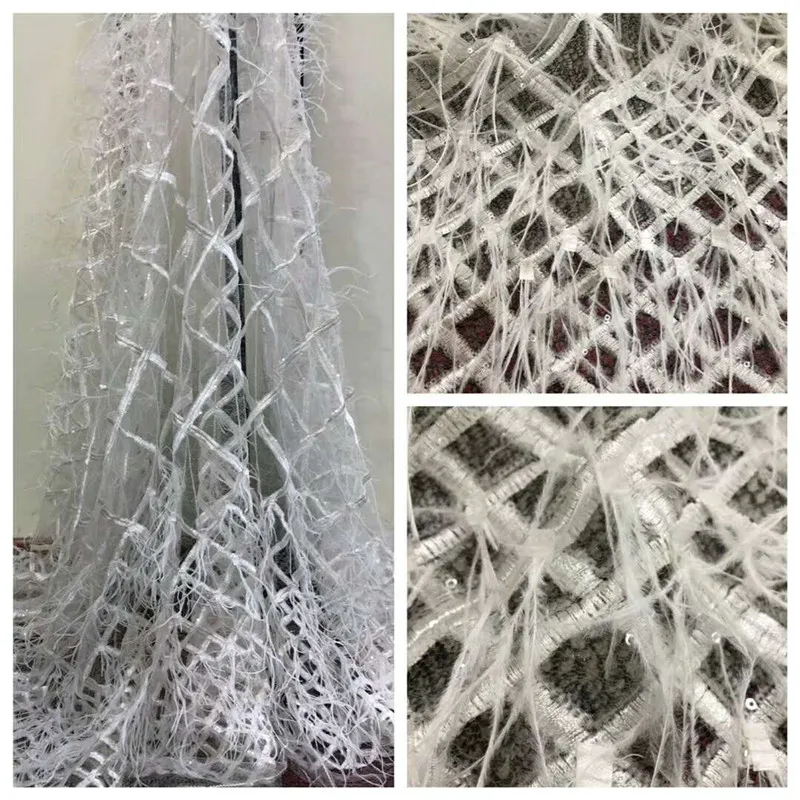 

2018 Fashionable Nigerian 3D Mesh lace fabric with feathers and sequin Attractive French Tulle lace fabric A828-1