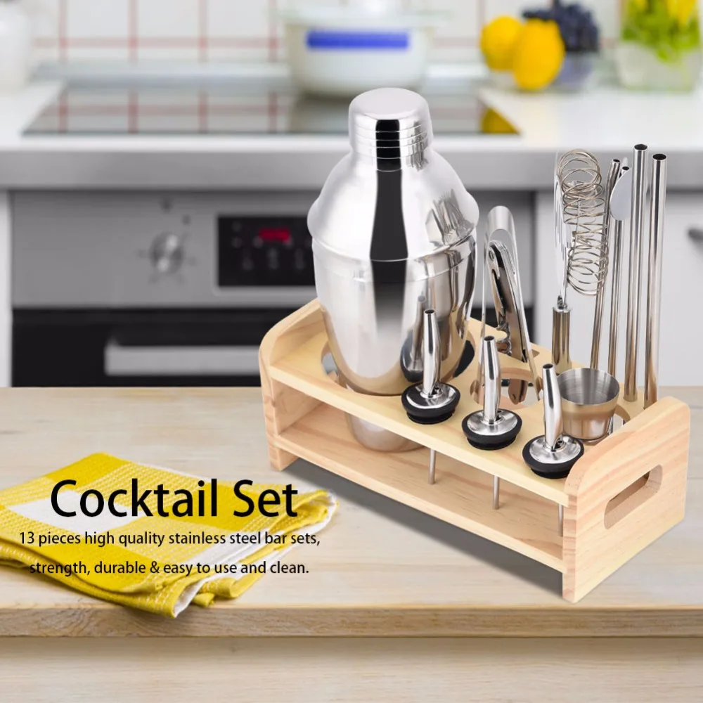 

13pcs/set Stainless Steel Cocktail Shaker Mixer Drinker with Wood Holder Stand Drinking Tool Bar Accessories