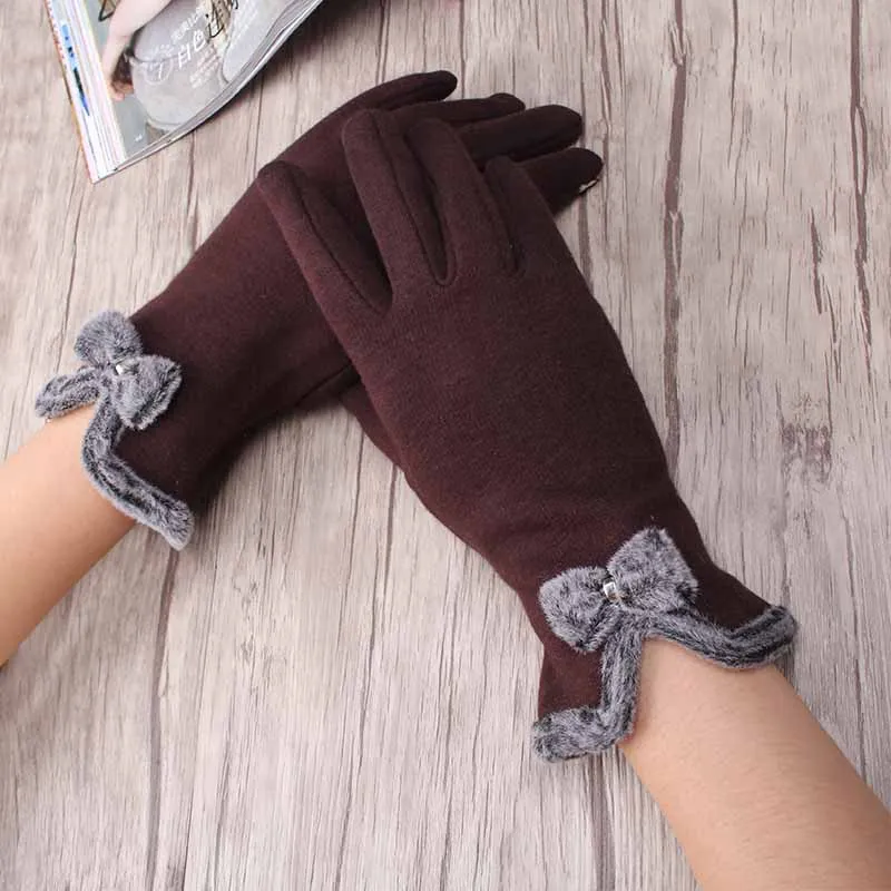 

Woman Bowknot Gloves Ladies Winter Fingers Warm Screen Sense Mittens Fashion Thick Wrist Guantes Solid Gift Soft Elegant Glove