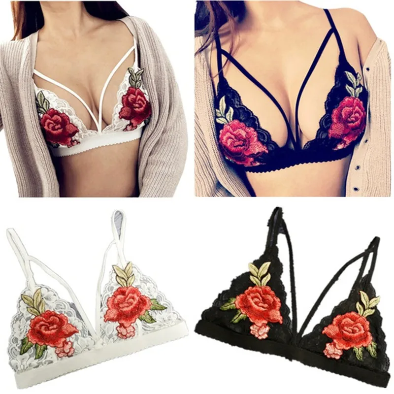 

Women Bandage Appliques Lace Bralette Bras Bustier Crop Top Sheer Unpadded Bra