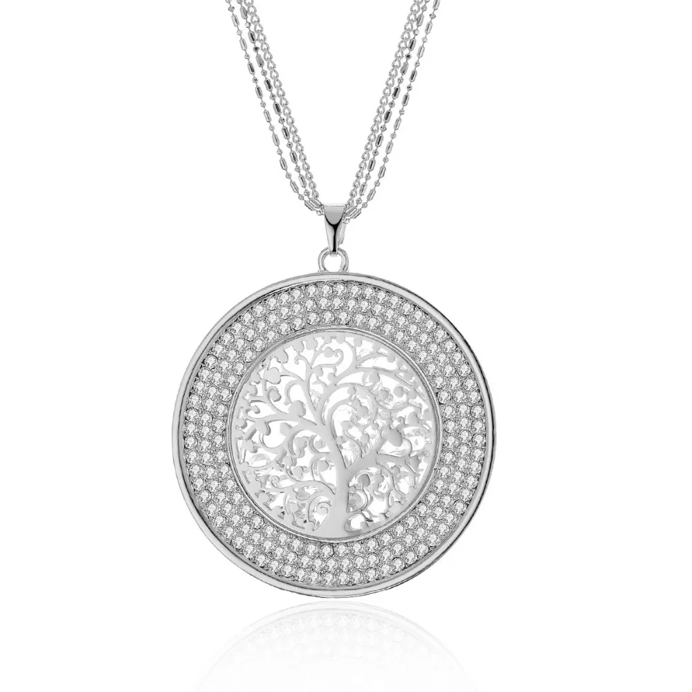 Hollow Inside Crystal Round Tree of life Necklaces& Pendants Long Sweater Chains Crystal Necklace For Women Statement Jewelry