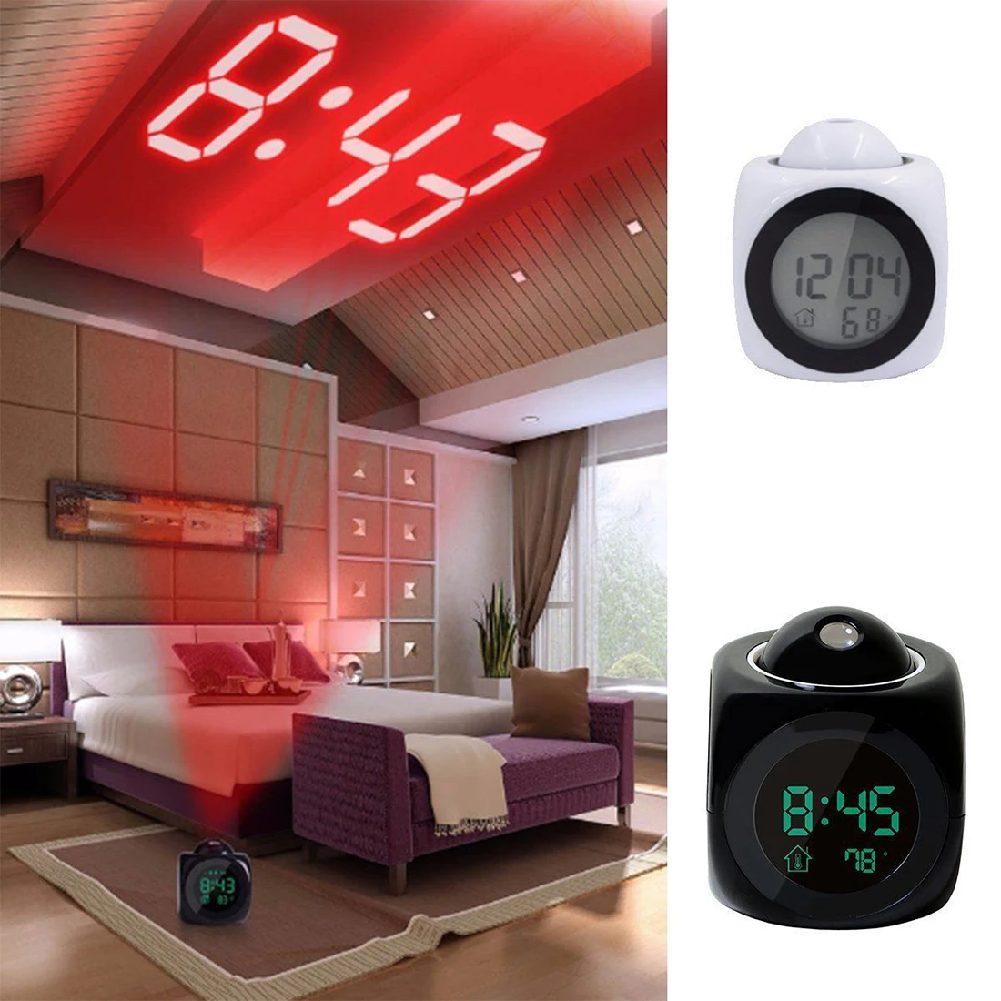 

LCD Projection LED Display Time Digital Alarm Clock Talking Voice Prompt Thermometer Snooze Function Desktop Alarm Clock