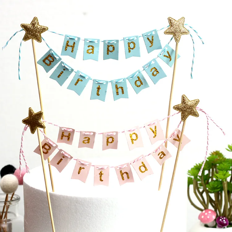 

Hot Selling Cake Decoration Flag Creative Gold Powder Stars Happy Birthday Cake Decoration Pull Flag Card Party Dessert Table