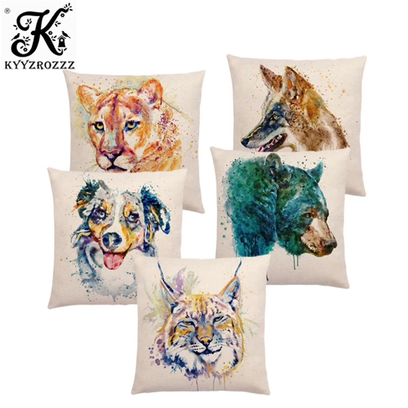 

Watercolor Animals Cushion Cover Portrait Head Bighorn Lion Leopard Tiger Bear Eagle Horse Dogs Home Sofa Throw Pillow Case