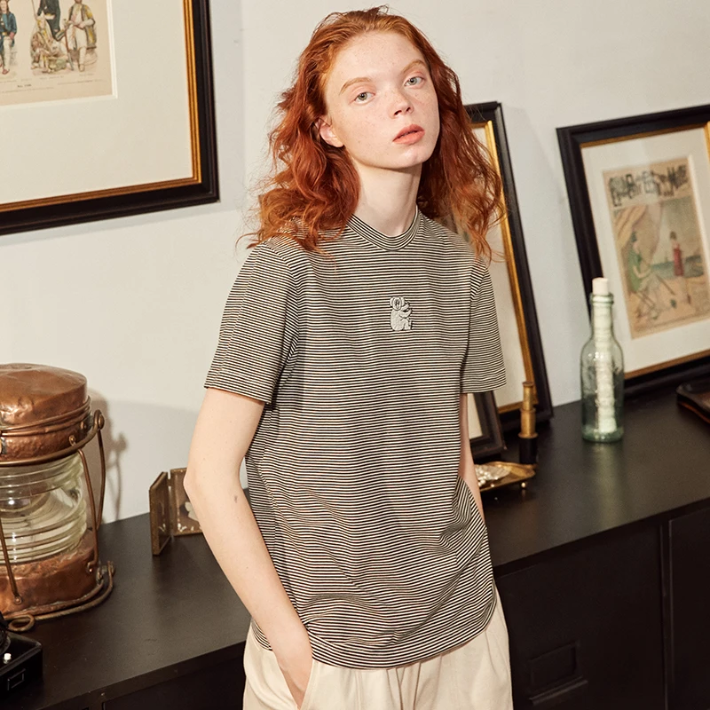 

2018Original Design Summer Women's Black Striped Turtlneck Tshirt Koala Embroidery Short Sleeve Femme Loose Tee Shirt Top Tshirt