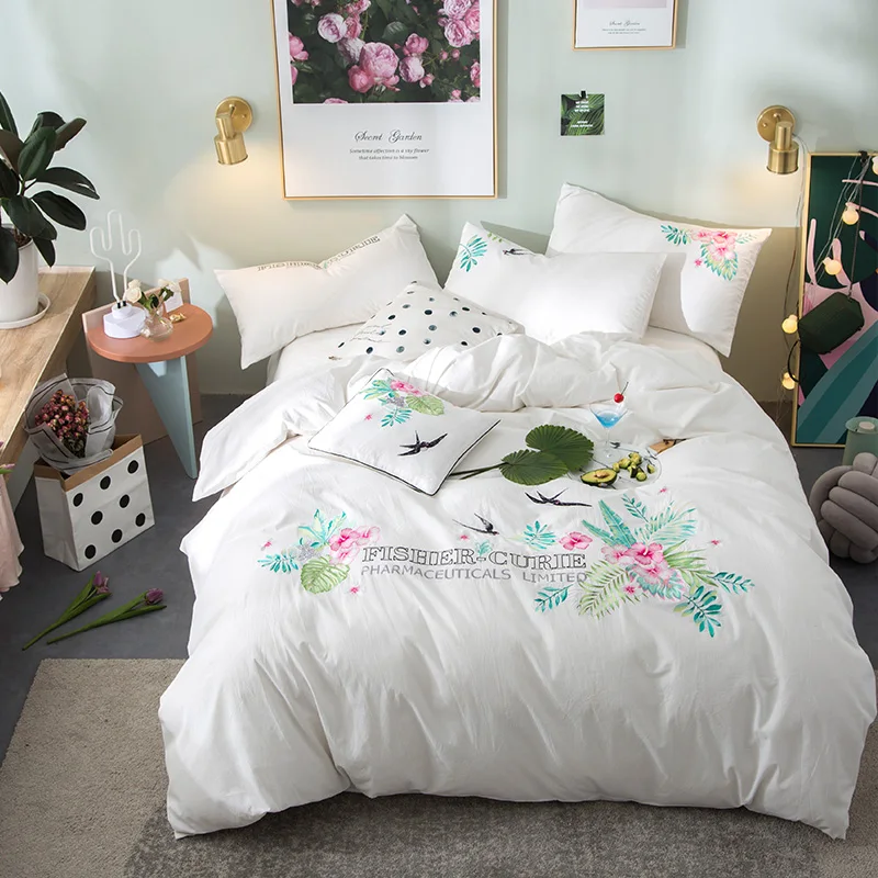 

4PcsPure cotton embroidery bedding sets Embroidery bed set double queen king size duvet cover bed sheet set pillowcase