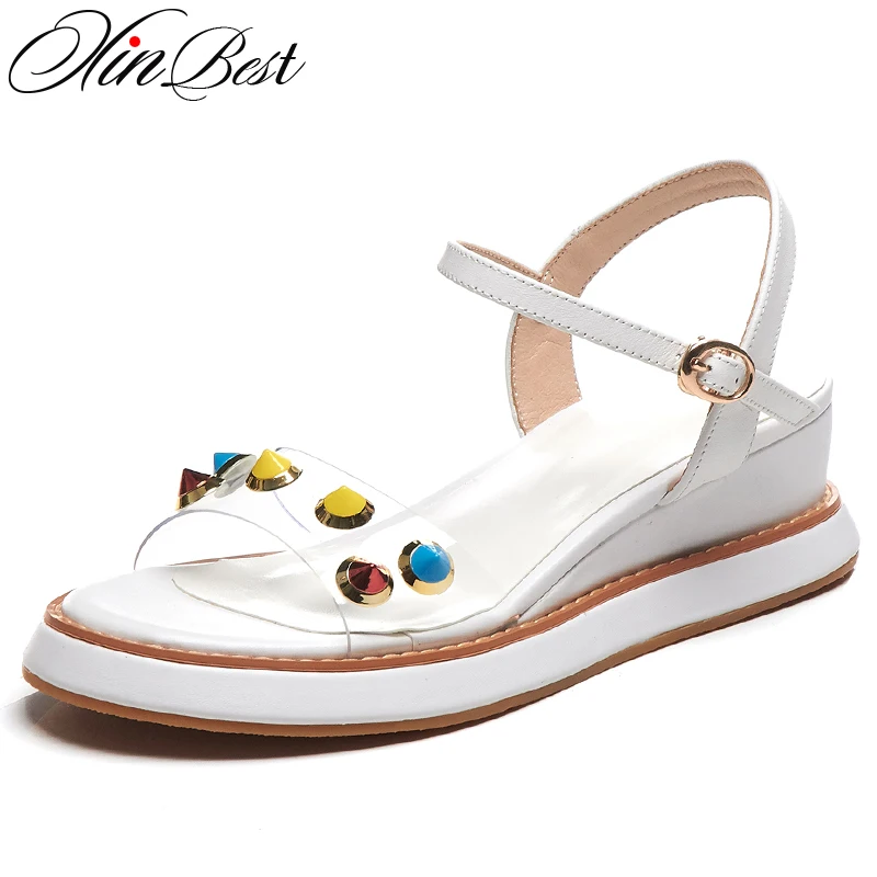 

Xinbest Sexy Rivet Wedges Women Sandals Fashion Buckle Mixed Colors Platform Summer Shoes Casual Party Natural Leather Sandals