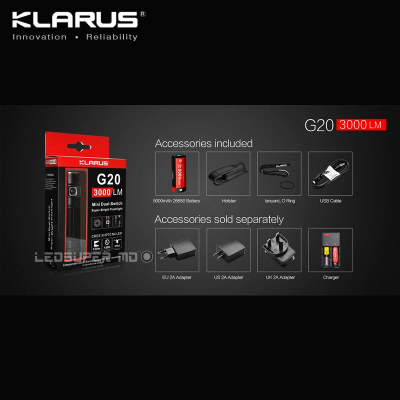  Original KLARUS G20 XHP70 N4 LED 3000 Lumens Flashlight Dual-Switch Mini Search Light with 26650 Ba - 32720788672