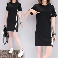 Осенне-зимнее черное женское Спортивное платье Простое Повседневное Полосатое прямое свободное женское трикотажное хлопковое платье размера плюс XXXL