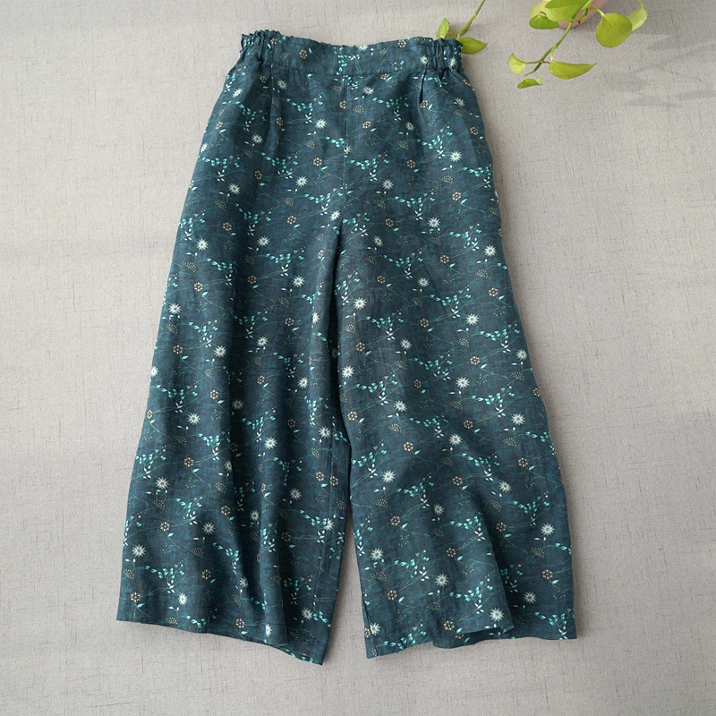 

Spring Summer Women Casual All-match Loose Plus Size Japanese Style Flower Print Ramie Trousers Elastic Waist Wide Leg Pants