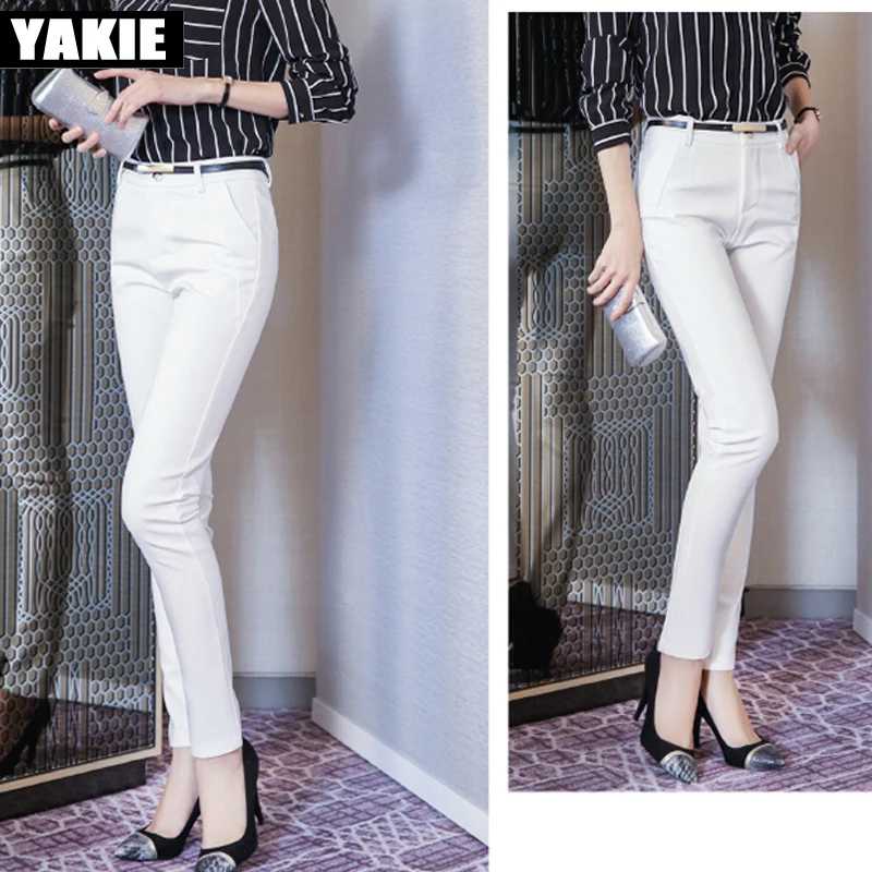 YAKIE, женские брюки с высокой талией, хлопковые женские брюки-карандаш, OL, офисные, формальные, рабочие брюки, Pantalon Femme размера плюс, черные, белые