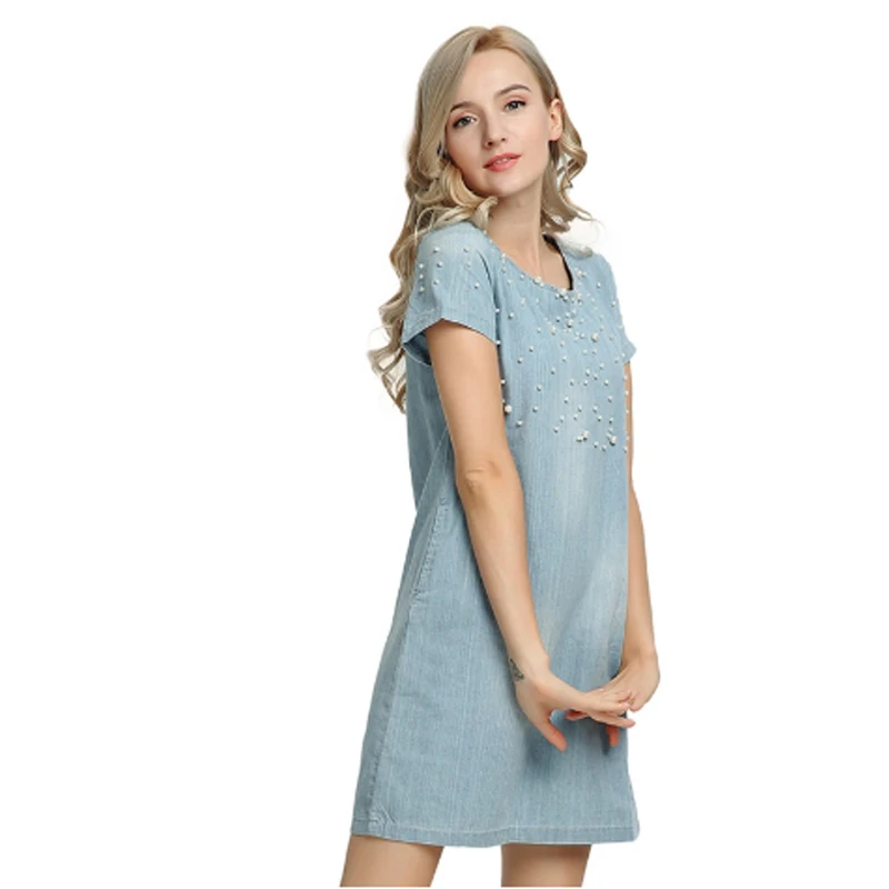 Women Summer Denim Dress Vestidos Jeans Sundress Women Casual Denim Dress 2019 Plus Size Spring Style Beaded Party Tunic Dresses