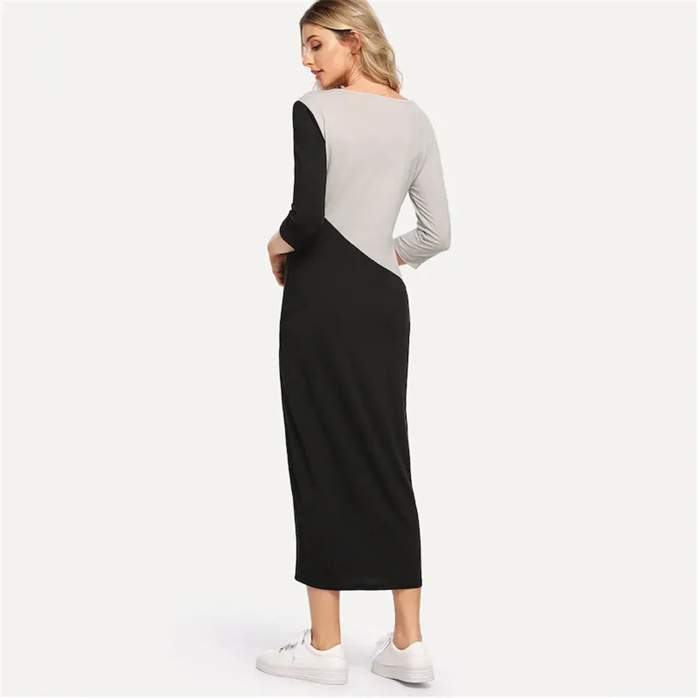 Big Sale Women Casual Dress 2018 Contrast Color Half Sleeve Bodycon Dress Female O Neck Autumn Long Dresses Vestido 10061# (6)