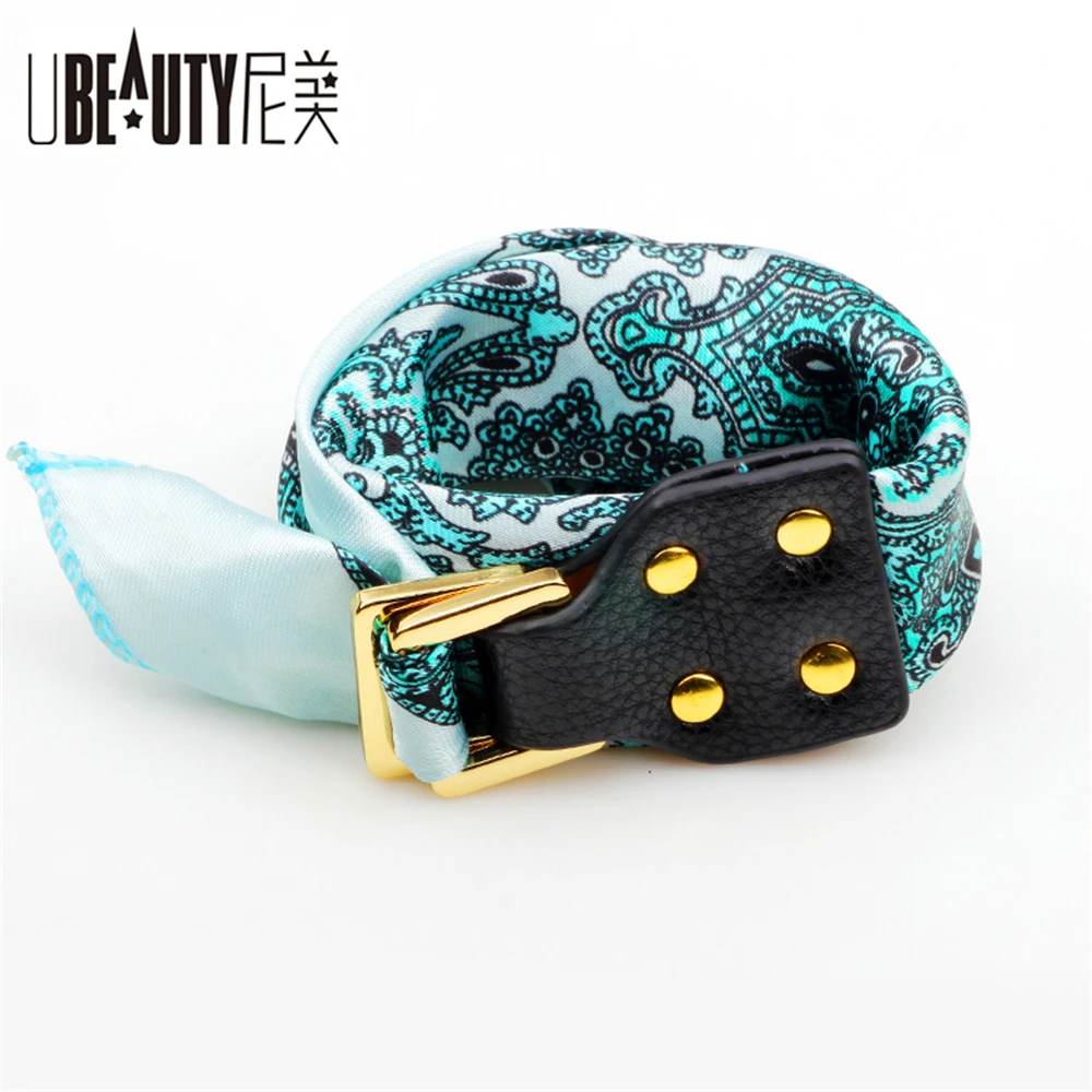 

UBUAUTY Silk Scarves Charms Bracelet Flower Scarf Leather Buckle DIY Wrist Personality Bracelets For Women Jewelry Wristband
