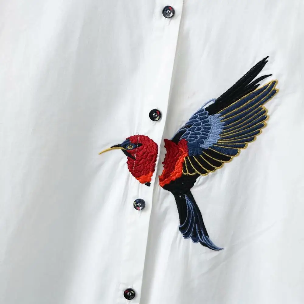 Plus size bird Embroidery women loose blouse spring autumn casual ladies cotton white shirts female tops