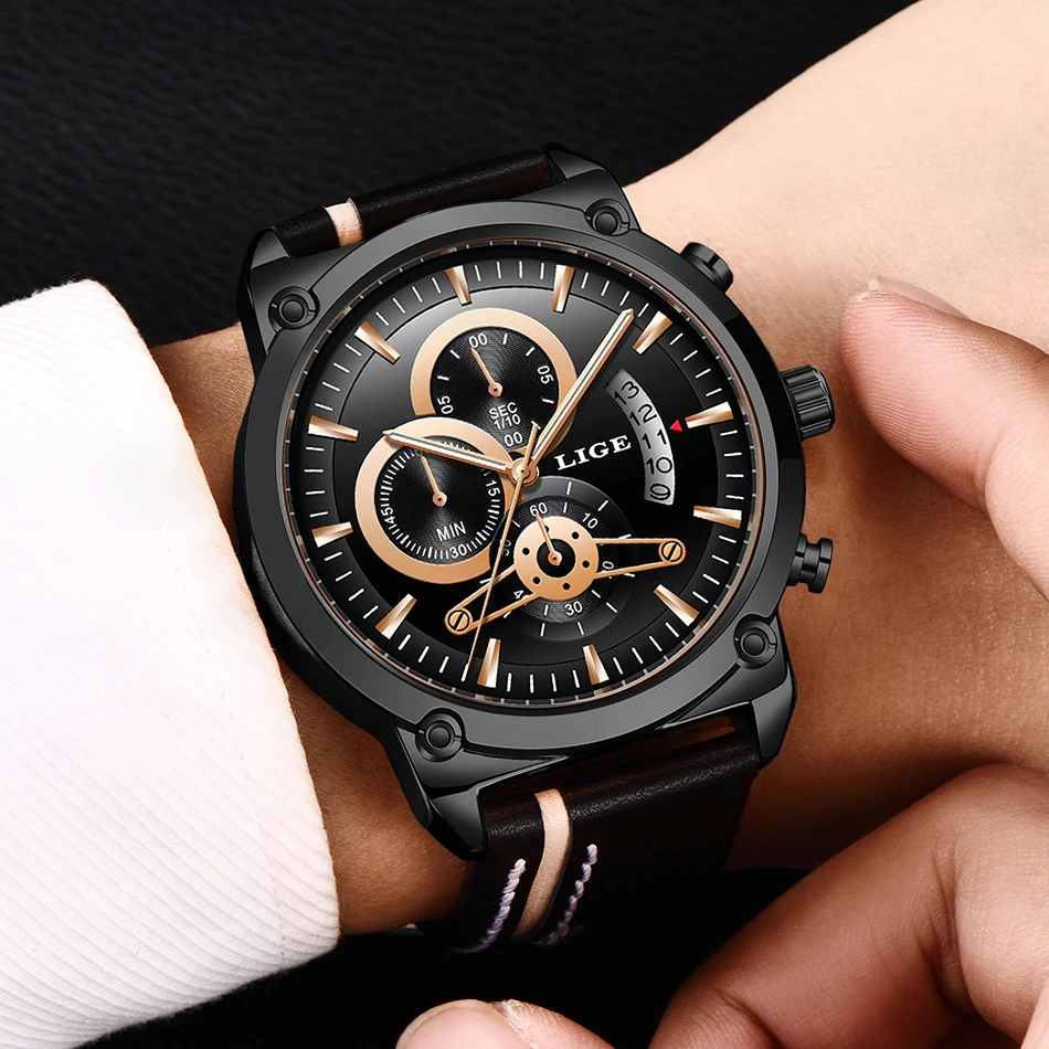 Reloj Hombre LIGE новые мужские часы хронографы аналоговые кварцевые часы мужские Дата креативный циферблат синий кожаный ремешок