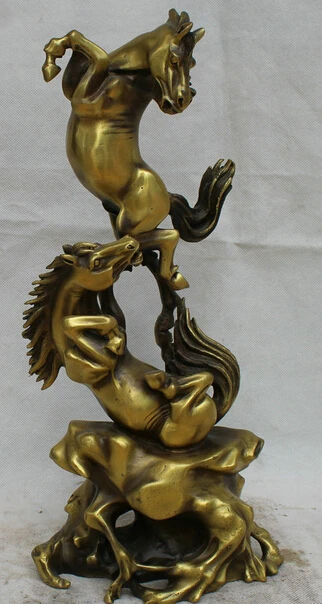 

JP S61 16" Chinese Copper Folk Two Fengshui Zodiac Year Horse Battle Statue sculpture