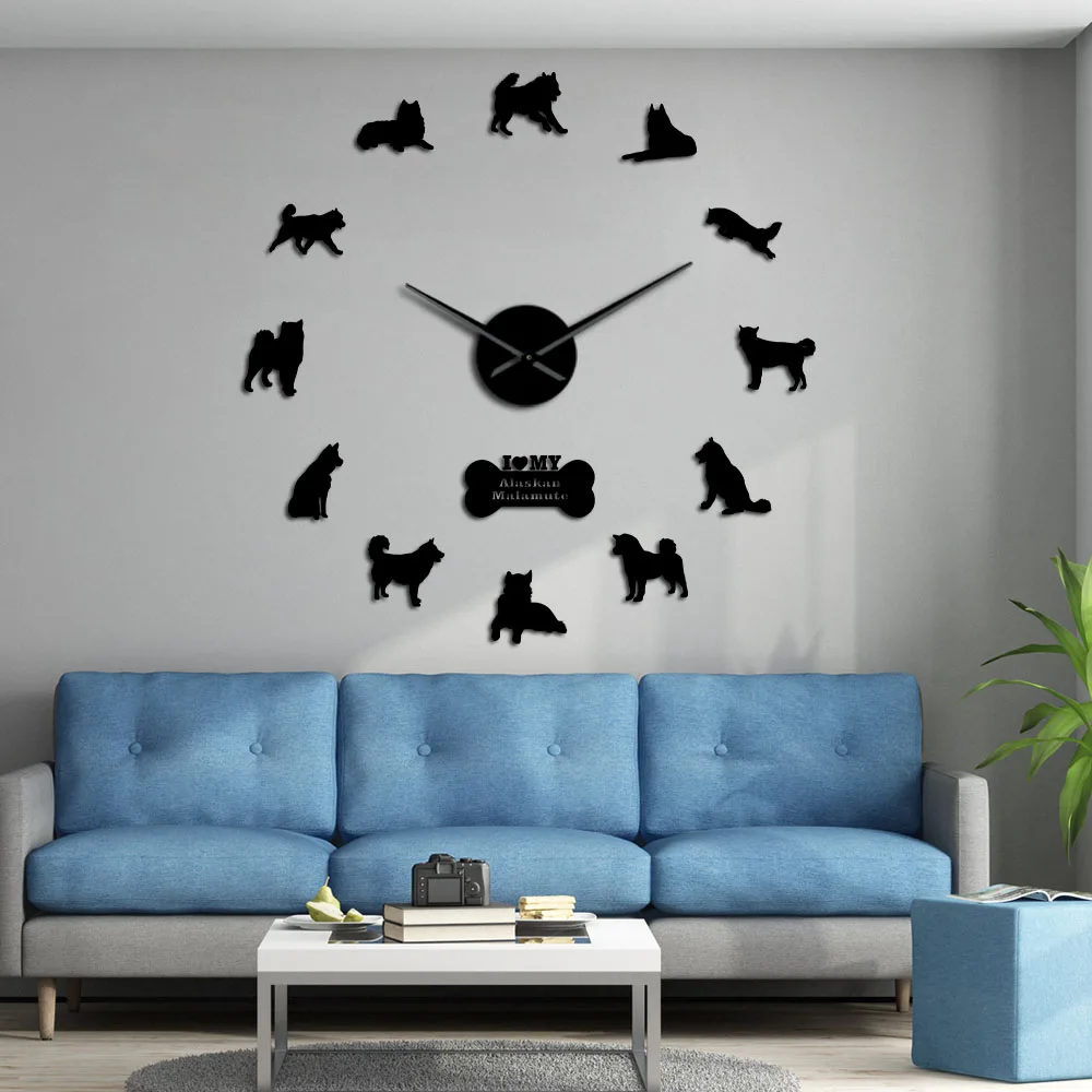 

Alaskan Malamute Silent DIY Wall Time Clock Mally Puppy Dogs Postures Wall Art Hanging Timepieces Frameless Wall Watch Decor