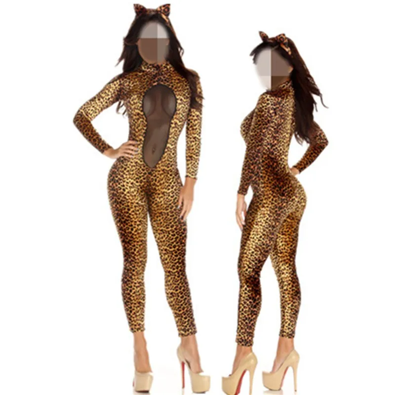 

2016 New Arrival Lace Jumpsuit Sexy Women Bodycon Jumpsuit Overalls Open Front Leopard print catsuit Fashion Club Catsuit