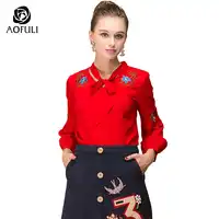 S~ XXL Floral Embroidery Women Blouse Choker Bow Collar Long Sleeve Casual Shirt New Spring Big Size Red Tops AOFULI B6295