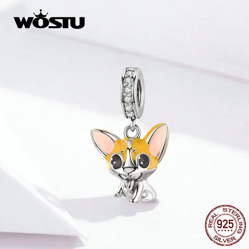 

WOSTU Corgi Pet Animal Dangle Charm 925 Sterling Silver Yellow Enamel Beads Fit Original Bracelet Silver 925 Jewelry FNC078