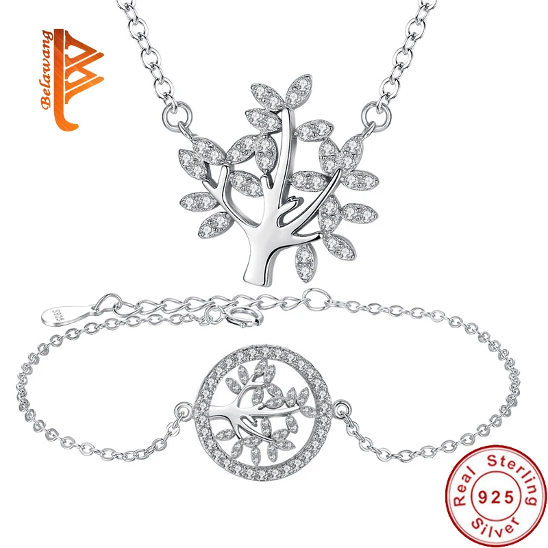 

BELAWANG 100% 925 Sterling Silver Tree of Life Necklace Bangle Bracelet for Women Vintage Jewelry Sets Christmas Gift