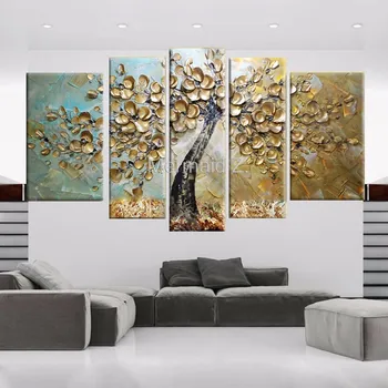 

Hand Painted Modern Abstract Gustav Klimt gold Tree Of Life Oil Painting On Canvas pallet knife painting 5 Panel Wall Art Home