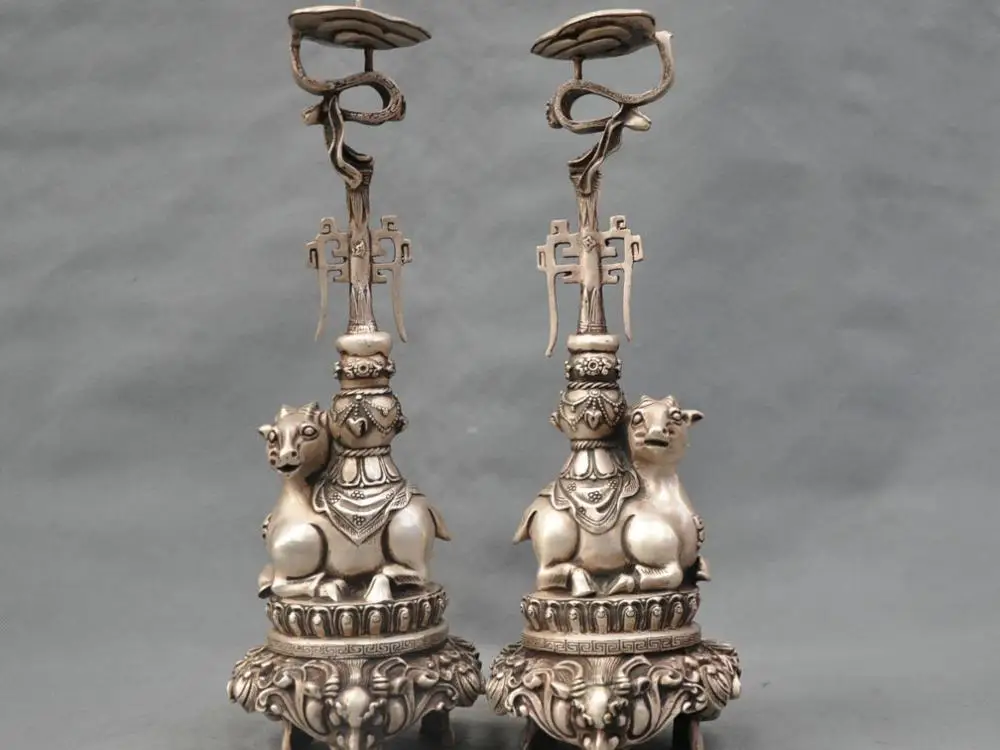 

13'' China Silver Bronze a pair of goat Candle lamp Bronze Statue