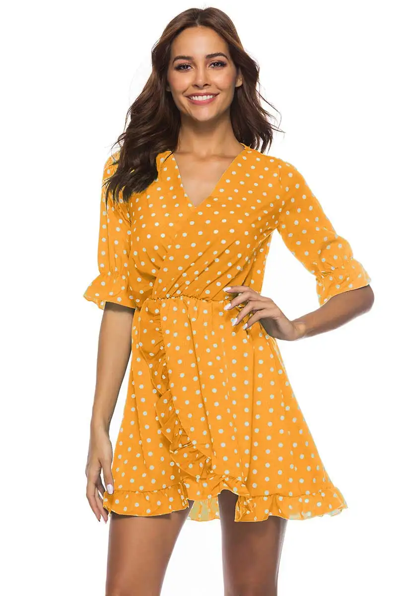 Женское платье в горошек с запахом больших размеров платье летнее туника пляжная осень сексуальное платье длинный рукав V-образный вырез короткое платье - Цвет: Цвет: желтый