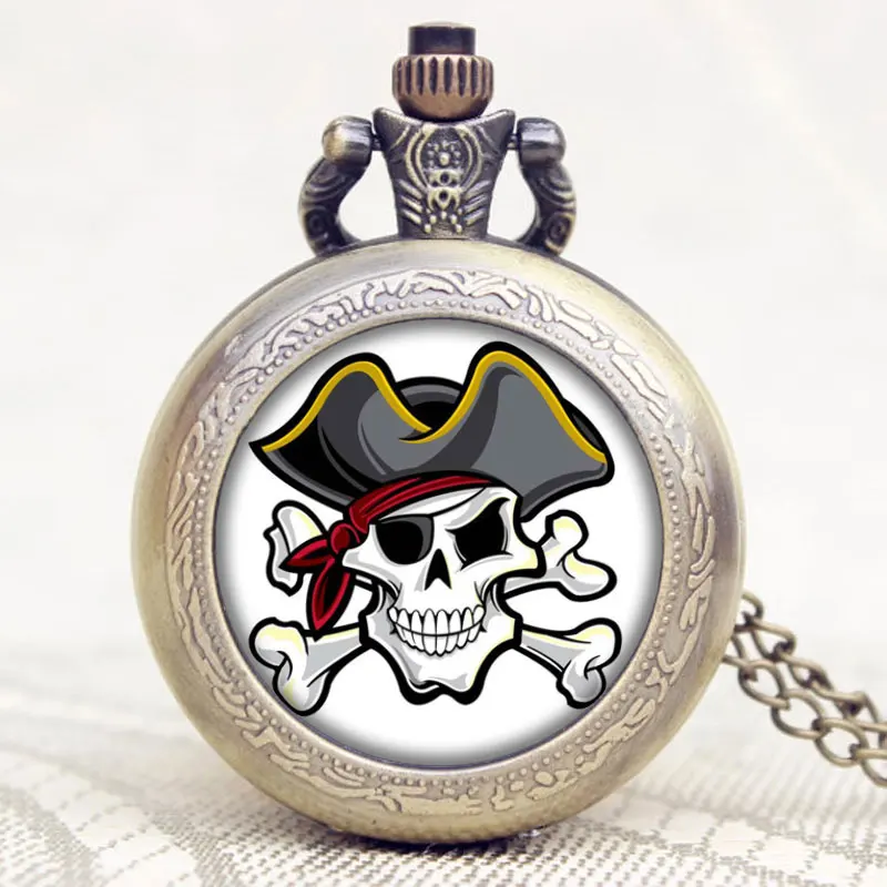 

Fashion Cool Pirate Skull Bronze Pocket Watch with Retro Necklace Pendant Chain Clock Children Man Woman Gift Relogio De Bolso