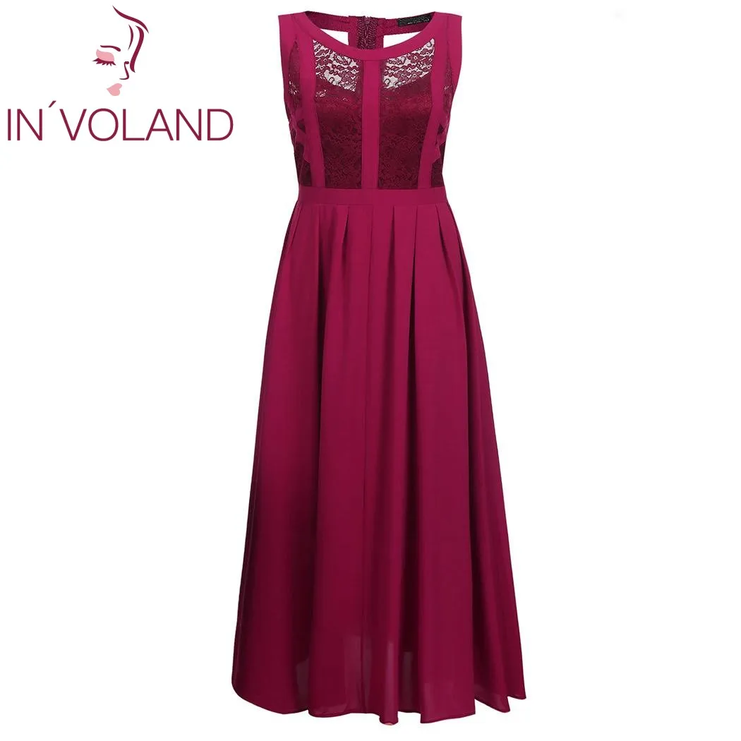 

IN'VOLAND Plus Size L-4XL Women Party Dress Chiffon Sleeveless Lace Patchwork Pleated A-Line Large Dresses Vestidos Big Size