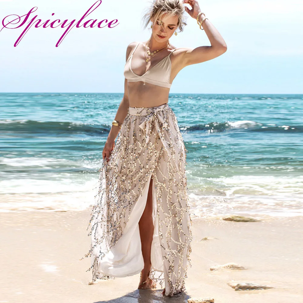 Летняя женская юбка Boho, сверкающая блестками, марля, с бахромой, с разрезом, юбка макси с бантом, сарафан, Пляжная длинная юбка