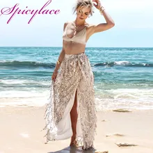 Летняя женская юбка Boho, сверкающая блестками, марля, с бахромой, с разрезом, юбка макси с бантом, сарафан, Пляжная длинная юбка
