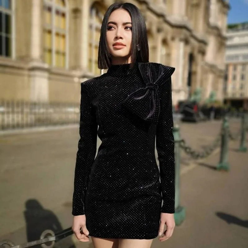 

2019 Runway Designer Gilding Sequines Velvet Dress fashion Women Big Bowknot Sheath Bodycon Party Dresses Femme robe Vestidos