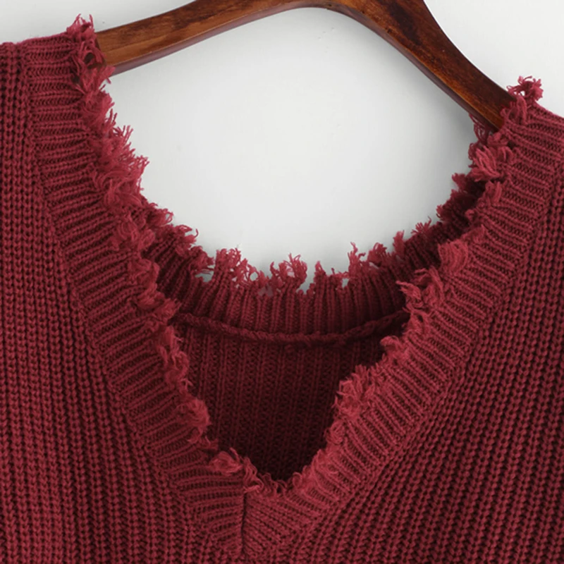 COLROVIE, вязаный свитер с вырезами по краям, женские повседневные пуловеры с длинным рукавом, Осенний модный бордовый сексуальный уродливый свитер