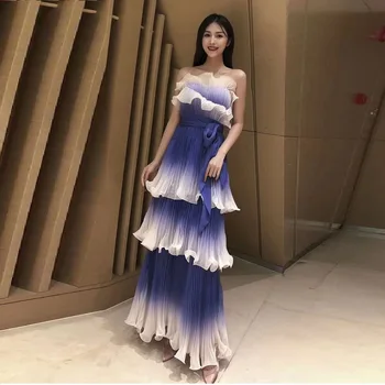 

Women Chic Purple White Strapless Ruffle Evening Party Maxi Dress 2019 Summer Fashion Sleeveless Belt Party Long Vestido