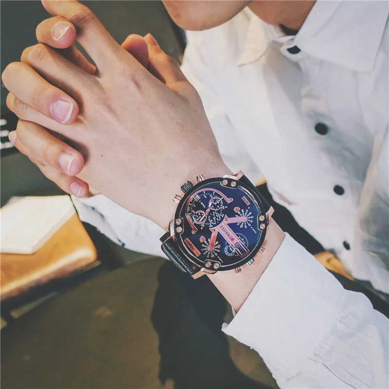 Günstige Große Zifferblatt Blau Ray Dual Display Armee Mann Uhren Schwarz Braun Leder Band Stahl Shell Männer Männlichen Quarz Uhr Armbanduhren uhr