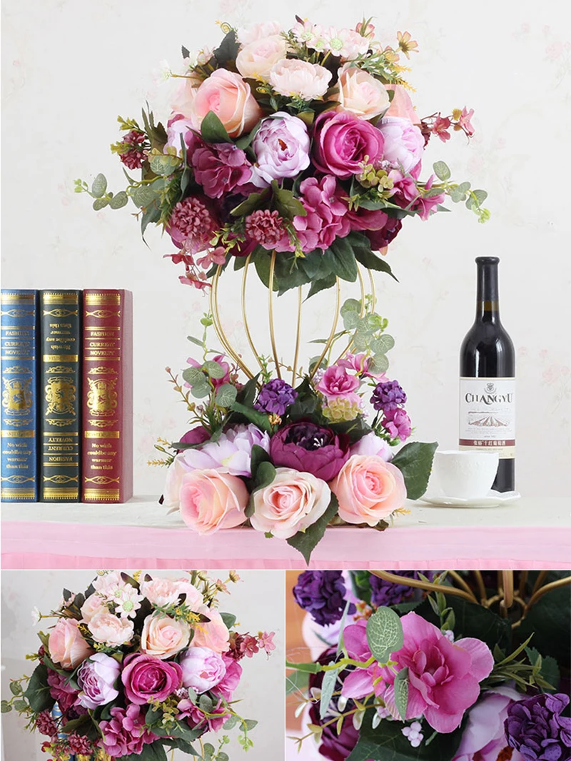 JAROWN Artificial Flower Ball Flower Stand Set Silk Fake Flower Wedding Stage Decoration Flores Home Party Table Decorations (7)