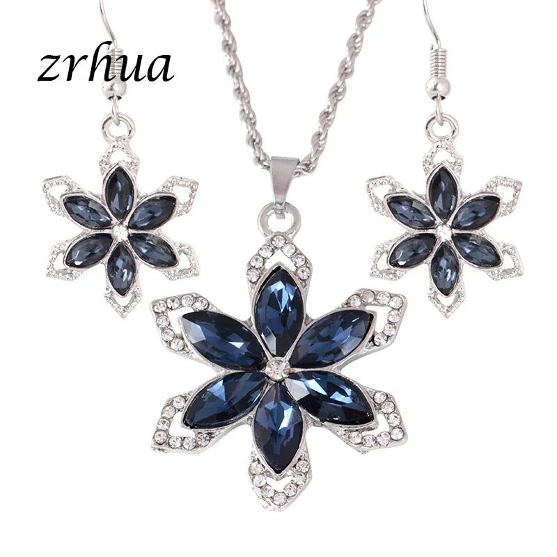 

ZRHUA Women Jewellery Silver Color CZ Crystal Pendant Necklace Earrings Chain Set Jewelry sets Big Flower Zircon Bijoux Hot Sale
