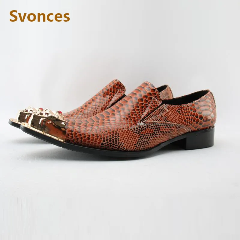 Fashion Mens Dressing Shoes Genuine Leather Gold Metal Toe Flats Luxury