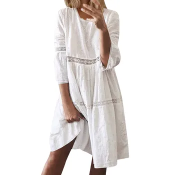 

Women Boho Solid Crew Neck Dresses casual looseHollow Out Splice 3/4 Sleeve Knee-Length high waist Dress Autumn