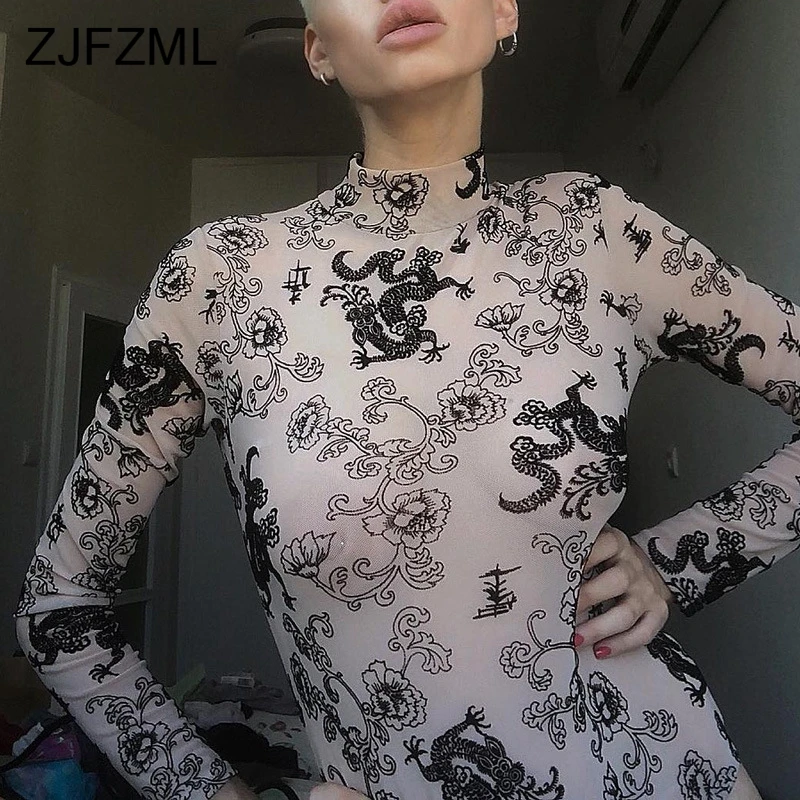 Peony and Dragon Print Transparent Mesh Sexy Bandage Bodysuit Women Long Sleeve High Neck Club Romper Ladies Bodycon Overalls
