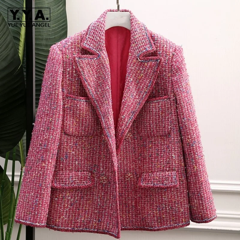 

Top Quality Luxury Double Breasted Lapel Womens Tweed Outerwear Coats Fashion Long Sleeve Pockets Loose Straight Female Jackets