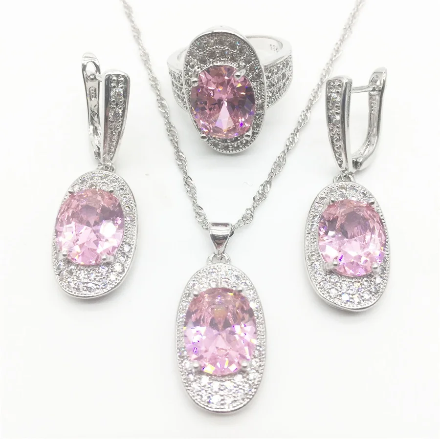 Pink Zircon Costume Silver 925 Jewelry Sets Women Pendant&Necklace Ring Earrings With Natural