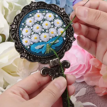 

DIY Flower Embroidery Mirror kits Landscape Cross Stitch Needlework Folding Makeup Mirror Hand Swing Art Craft Gift Home Decor