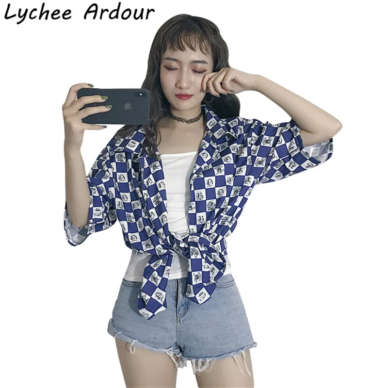 Lychee Ardour Plaid Cartoon Mouse Women Blouse Shirt Turn-Down Collar Half Sleeve Summer Female Casual Long |