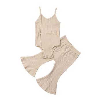 

Infant Baby Girl Apricot Knitted Cotton Clothes 2 Piece Sling Bodysuit Top Wide Leg Flared Trousers Toddler Outfits