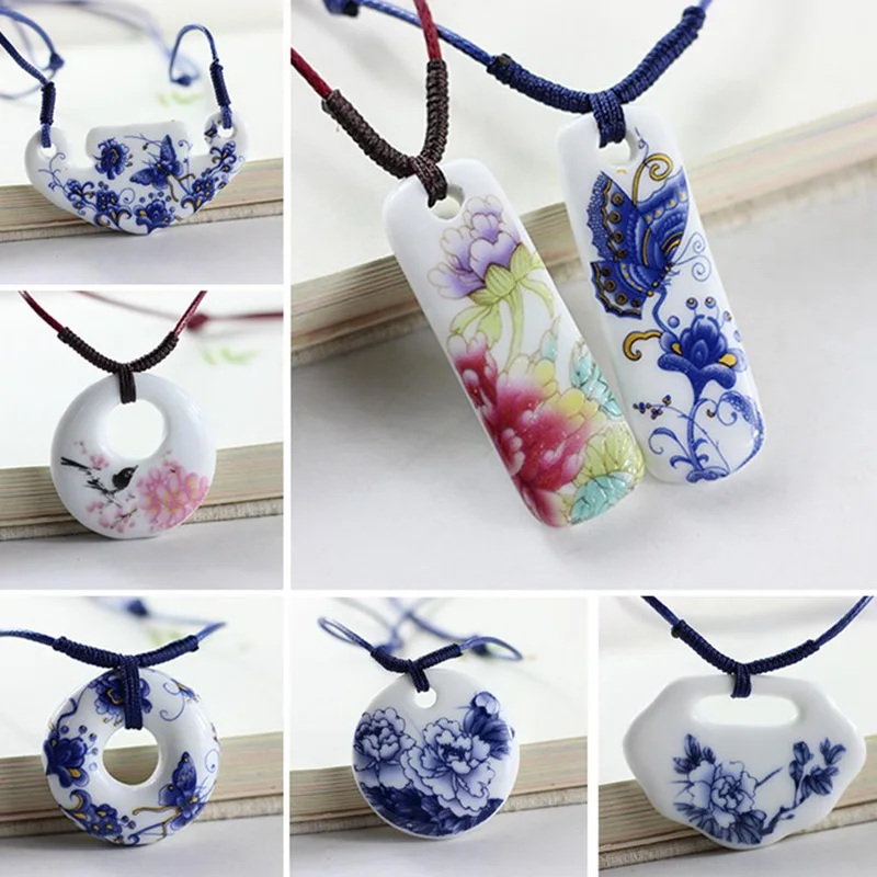 

1pc Ethnic Jewelry Traditional Handmade Ornaments Weave Wax Rope Necklace Choker Ceramics Moon Porcelain Pendant